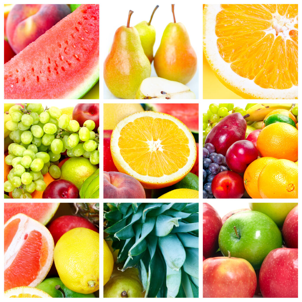 Fresh fruits: banana orange apple grape peach lemon lime strawberry, kiwi