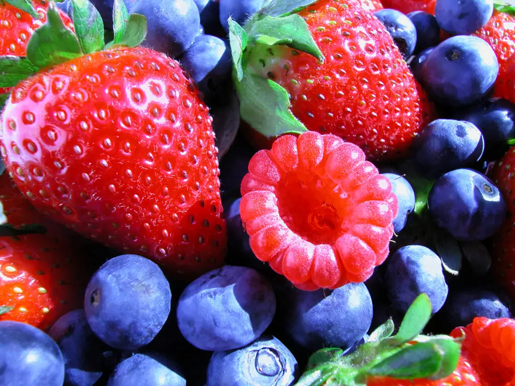 A collection of Summer berries, strawberries, blueberries, and raspberries.