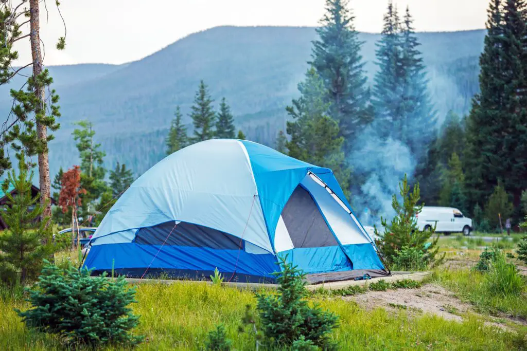 Camping Tent in Colorado. Blue Tent Campground.